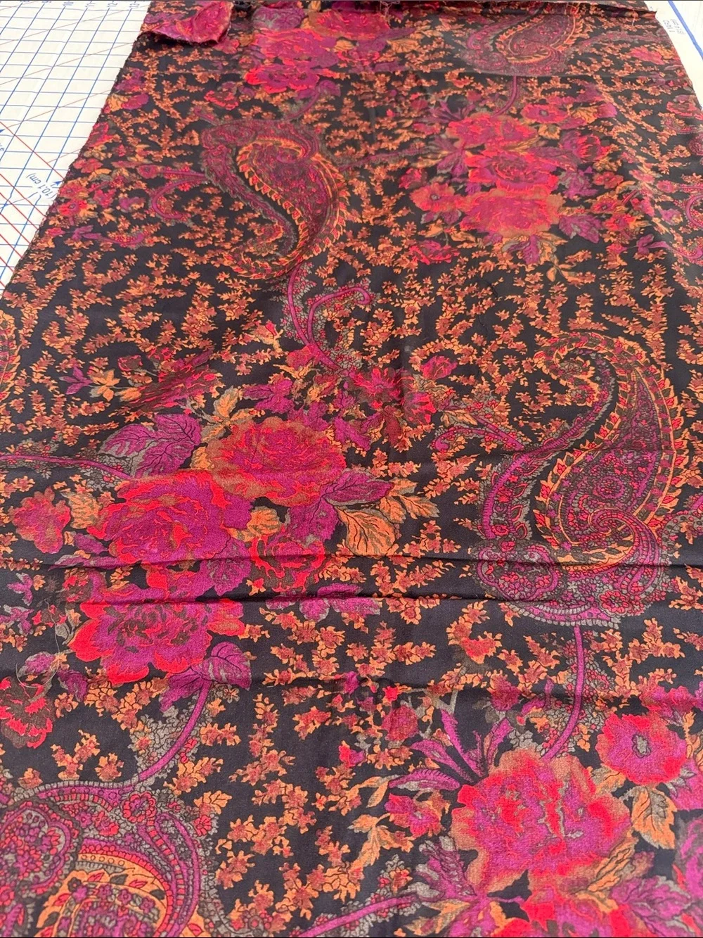 Vintage 1970s Paisley Floral Fabric Black Burgundy Rust Boho 3 Yards x 44”
